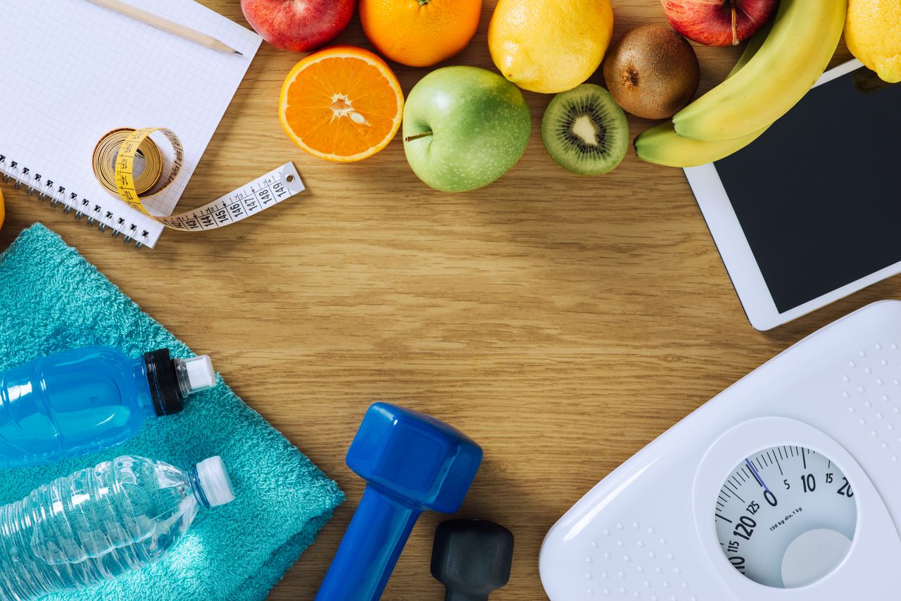 healthy food and fitness equipment